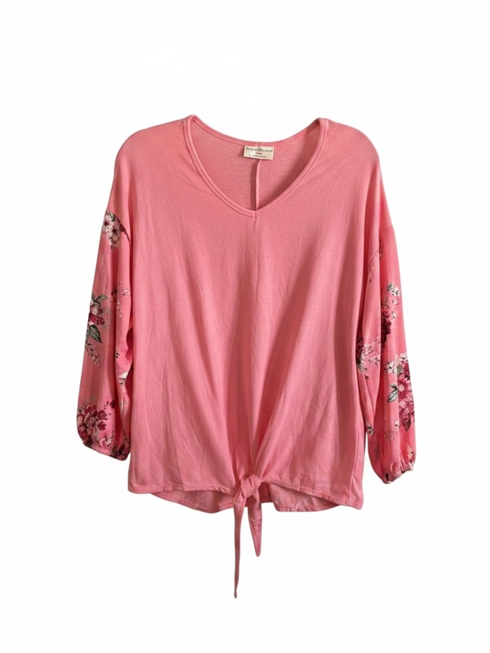 Bobbie Brooks Pink V-Neck Tie-Hem Top with Floral Sleeves